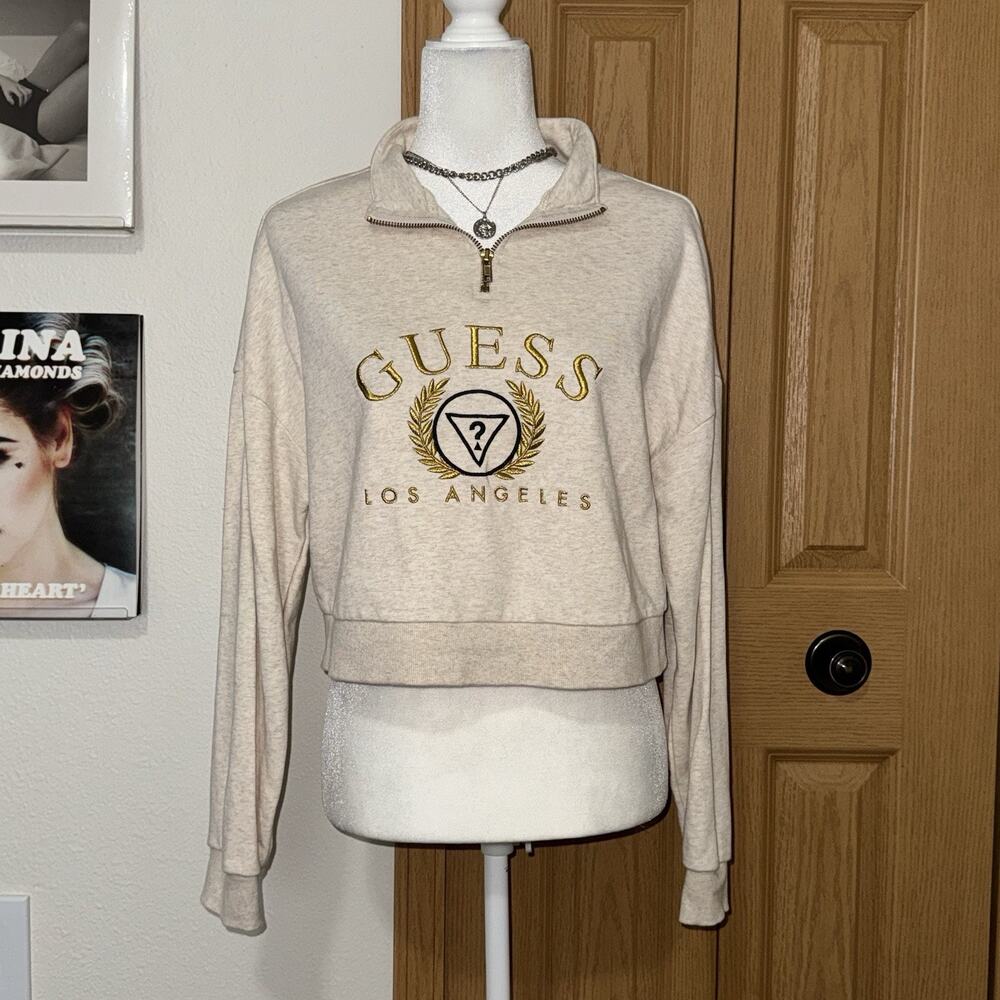 Guess Crop Sweatshirt Womens Medium Beige Quarter Zip Embroidered‎ Logo Pullover